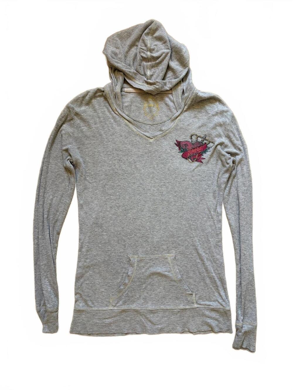 Ecko Red Hoodie Womens M Gray Ribbed Thermal V-Neck Long Sleeve Graphic